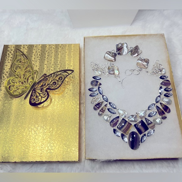 Beautiful 925 Fluorite Biwa Pearl & Amethyst Necklace & Bracelet Gemstone Set - Picture 4 of 13